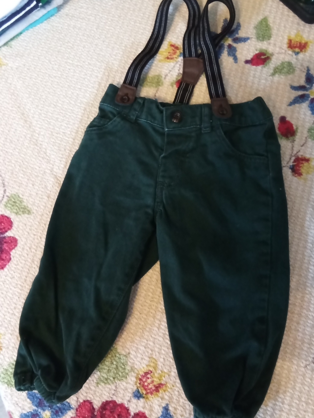 Kids Dark Green Pull-On Pants with Suspenders